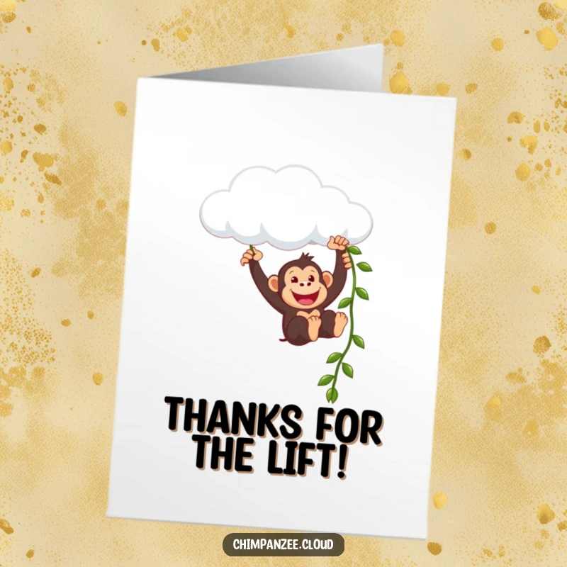 Funny Free Printable Thank You Card: Chimpanzee gratefully swinging from a cloud, sending thanks with a smile.