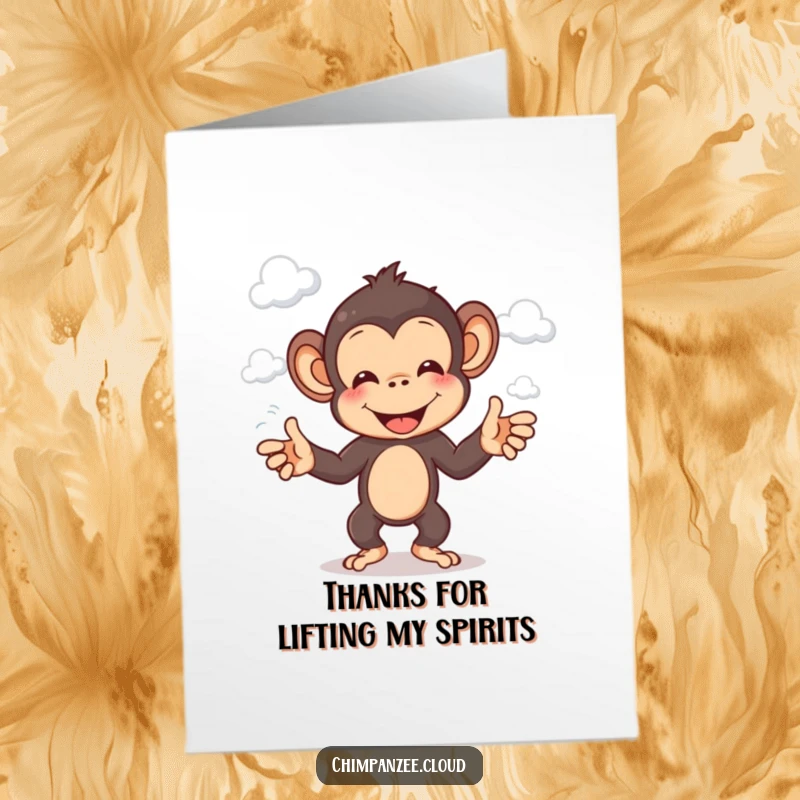 Funny Free Printable Thank You Card showing a happy chimpanzee character juggling small clouds with ease.