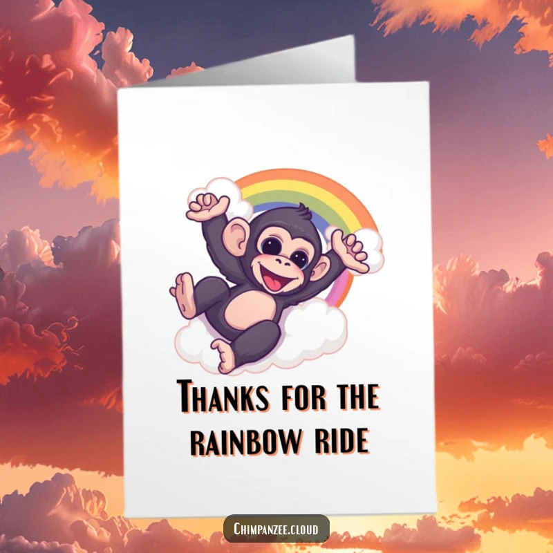 Funny Free Printable Thank You Card: A happy chimp slides down a rainbow cloud, sending colorful thanks your way.