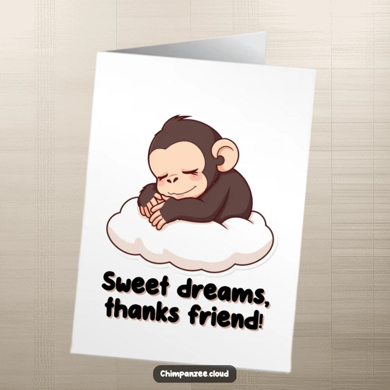 Funny Free Printable Thank You Card: A chimpanzee peacefully sleeping on a cloud, sending sleepy thanks.