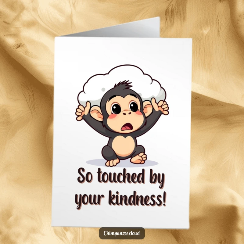 Funny Free Printable Thank You Card: A chimpanzee with a surprised expression is gently nudged along by a soft cloud.