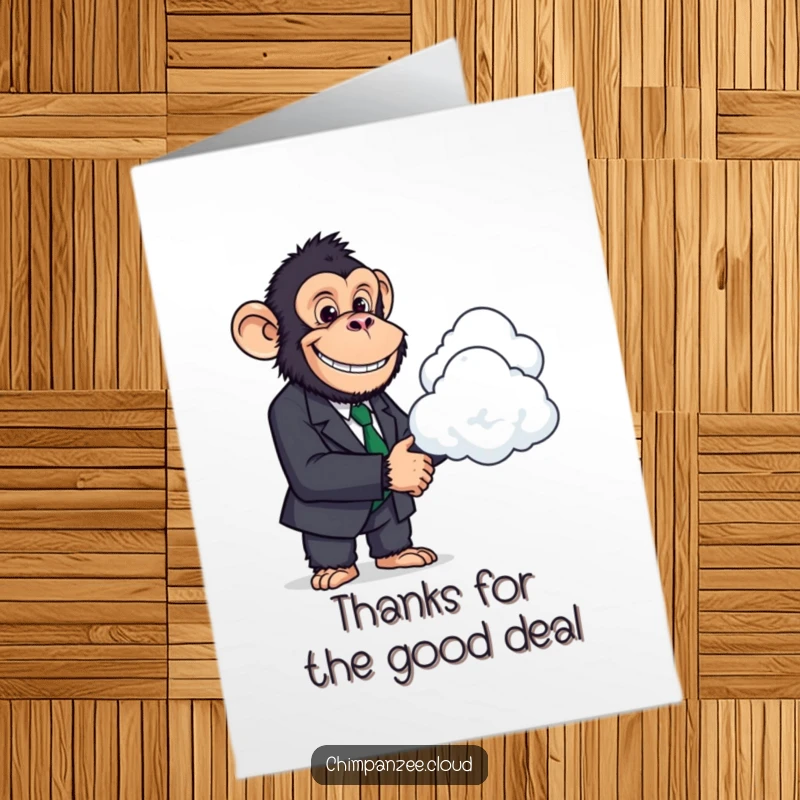 Funny Free Printable thank you card: chimpanzee in suit shaking hands with a cloud.
