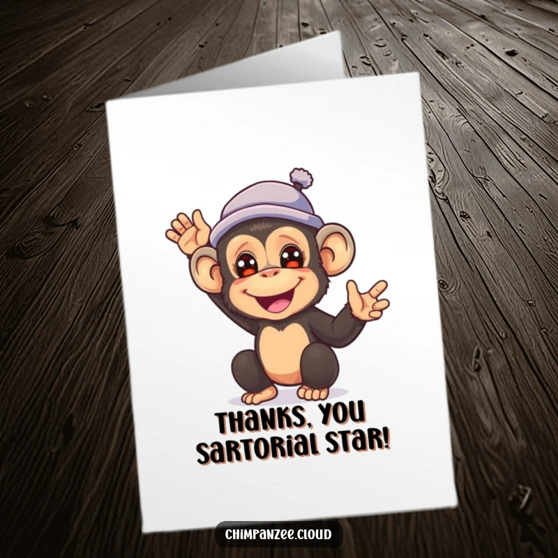 Funny Free Printable Thank You Card: a cheerful chimpanzee wearing a small hat waves a friendly greeting, a charming downloadable gift.