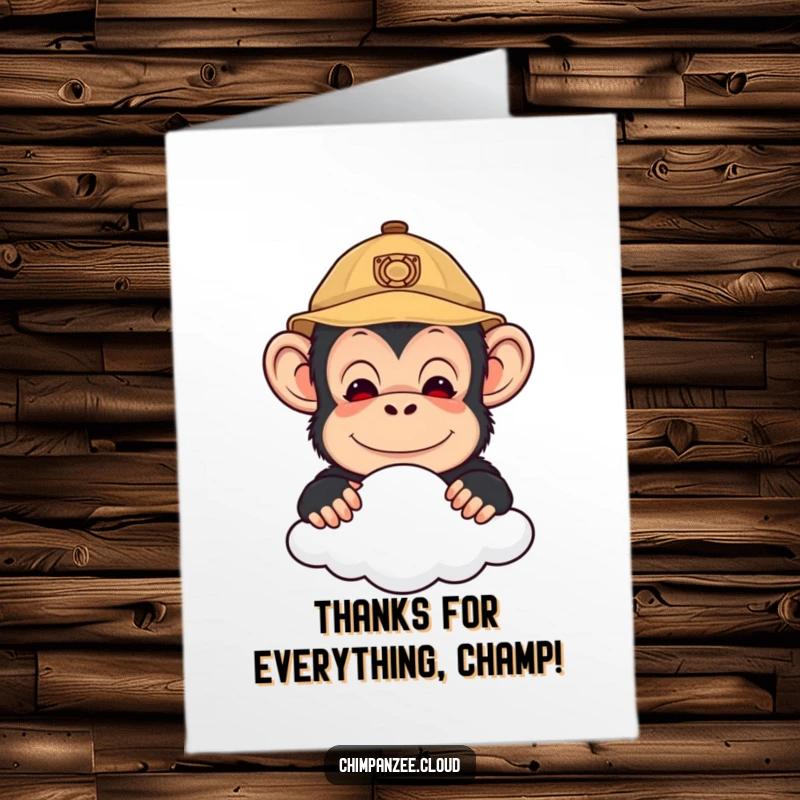 Funny Free Printable Thank You Card: Cute chimpanzee in explorer hat peeking over a cloud, offering thanks.