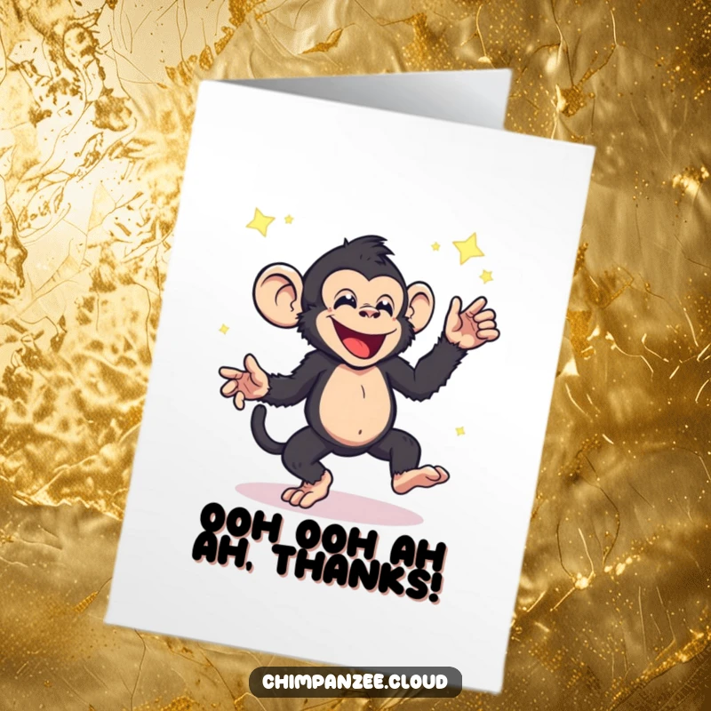 Funny Free Printable Thank You Card: A chimpanzee happily dancing through a galaxy of shiny star dust.