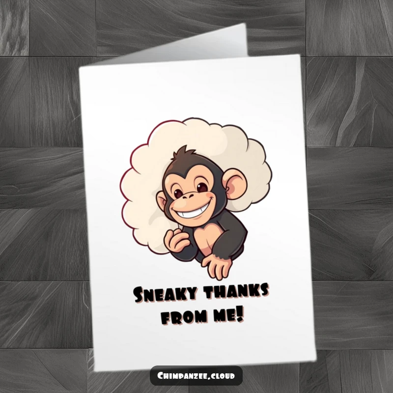 Funny Free Printable Thank You Card: Mischievous chimpanzee peeking from behind a cloud with a grin, conveying thanks.