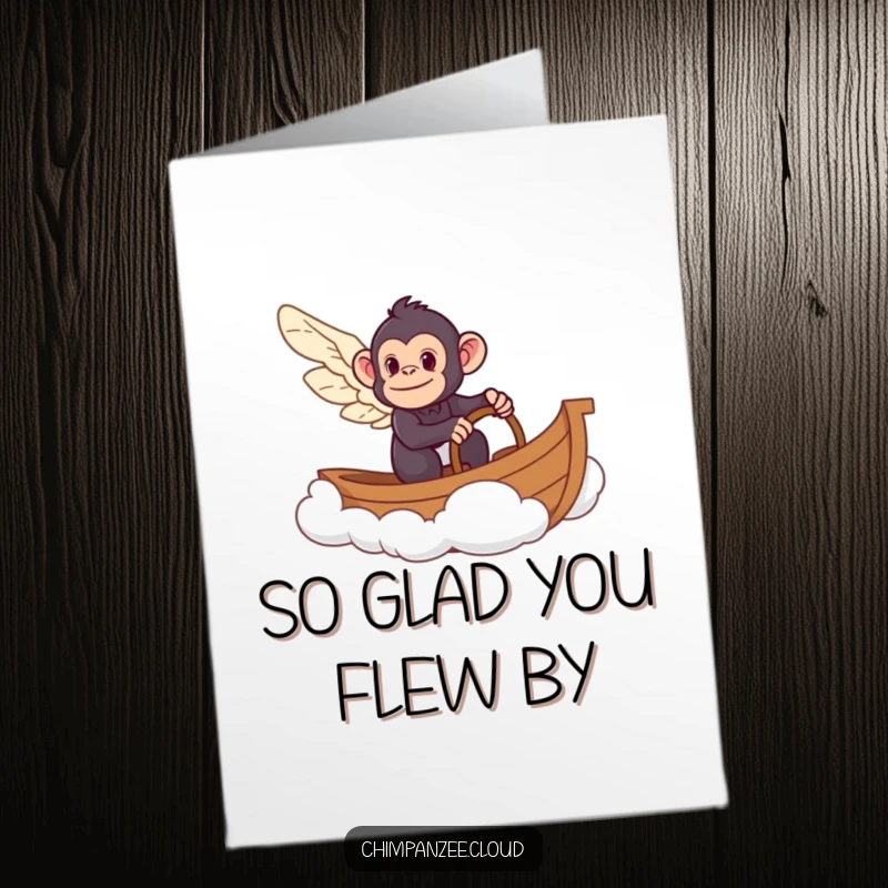 Funny Free Printable Thank You Card: Chimpanzee pilot with wings steering a fluffy cloud boat, conveying heartfelt thanks humorously.