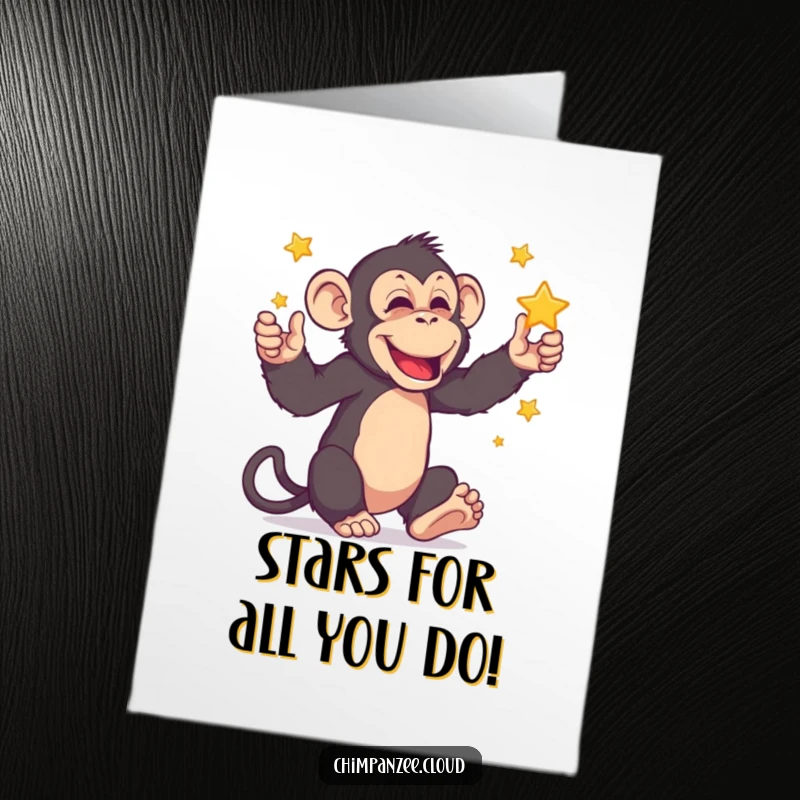 Funny Free Printable Thank You Card: Chimpanzee juggling stars, expressing thanks with a delightful, magical touch.
