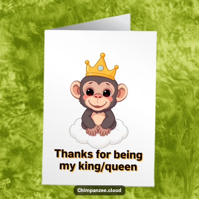Funny Free Printable Thank You Card: Chimpanzee wearing a small crown floats on a cloud, sending majestic thanks.