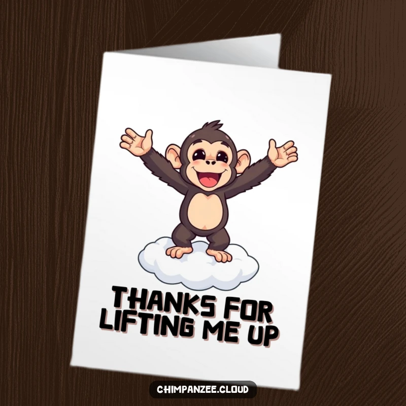 Funny Free Printable Thank You Card: Triumphant chimpanzee stands on a cloud, arms outstretched in a grand thank you.