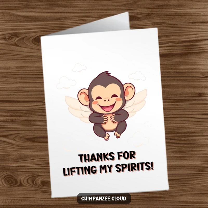 Funny Free Printable Thank You Card: Smiling chimp with tiny wings soars between clouds, expressing soaring gratitude.
