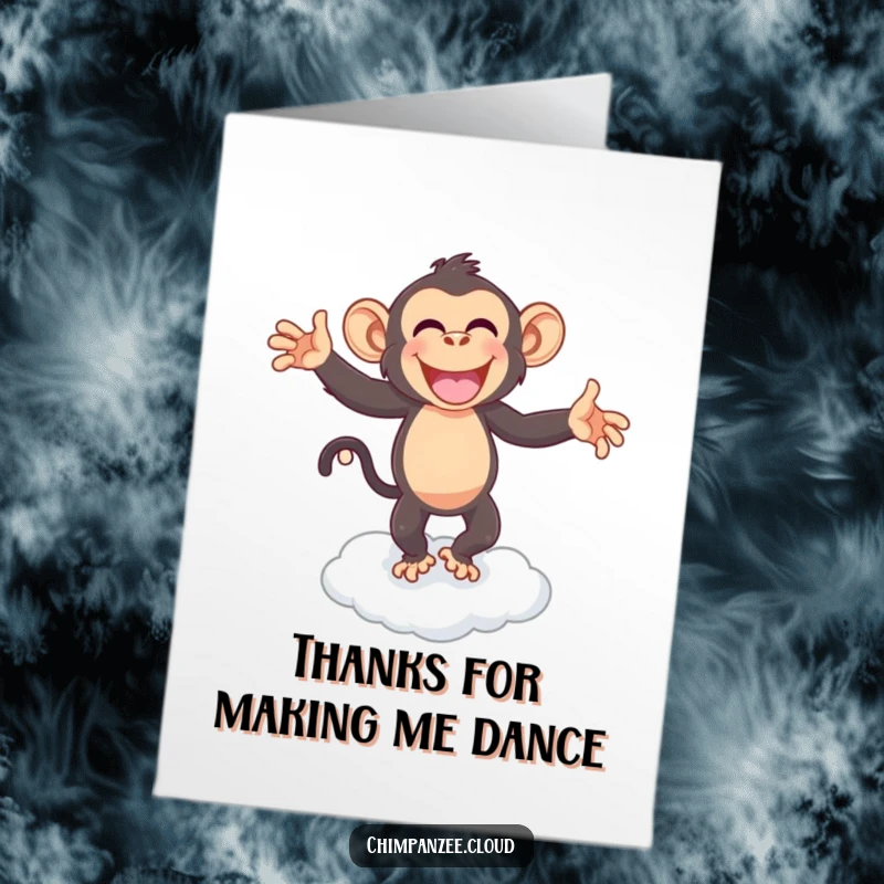Funny Free Printable Thank You Card: A chimpanzee joyfully dances on a cloud, conveying heartfelt thanks with energy.