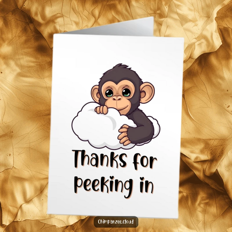 Funny Free Printable Thank You Card: A chimpanzee curiously peeking from behind a cloud, offering a humorous and appreciative greeting.
