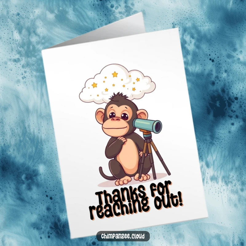 Funny Free Printable Thank You Card: A curious chimp on a cloud looks through a telescope at the starry night sky. A downloadable gift.