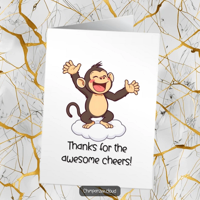 Funny Free Printable Thank You Card: Joyful chimpanzee dances a happy jig on a cloud, sending thanks with pure delight.