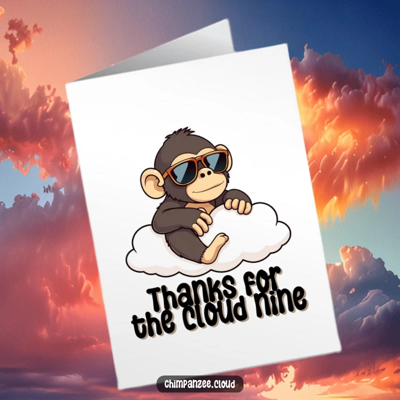 Funny Free Printable Thank You Card: Chimp wearing sunglasses lounges on a cloud, offering chill gratitude.