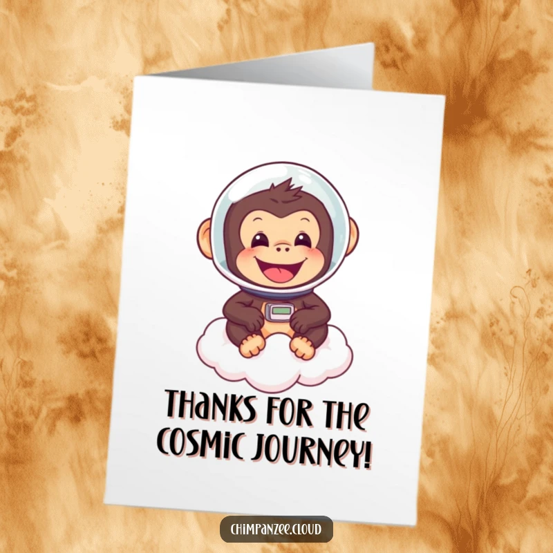 Funny Free Printable Thank You Card: Chimp astronaut floating on cloud, expressing heartfelt gratitude in a unique way.