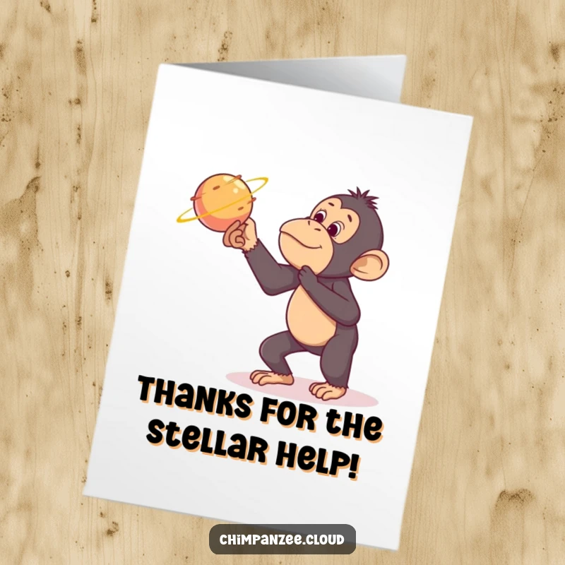 Funny Free Printable Thank You Card: Mischievous chimpanzee tickling a comet, a humorous way to express gratitude.