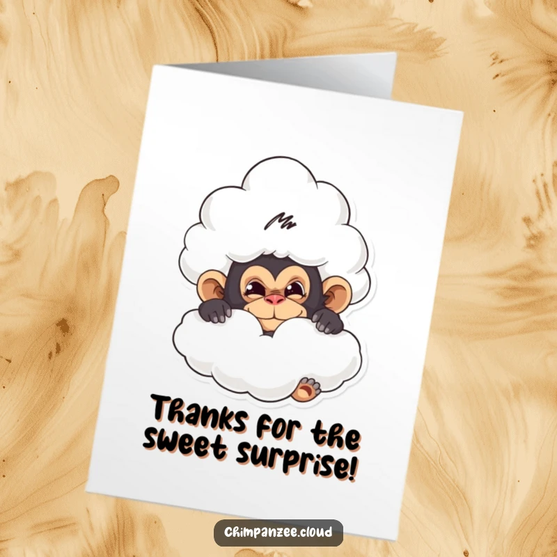 Funny Free Printable Thank You Card: A cheeky chimpanzee peeks from behind a fluffy cloud, offering a playful thank you.