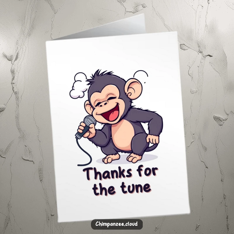 Funny Free Printable thank you card: chimpanzee singing into a cloud with a tiny microphone.