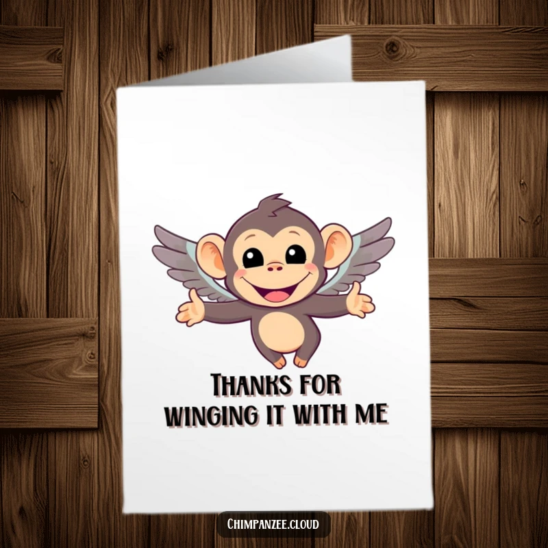 Funny Free Printable Thank You Card featuring a chimpanzee character flying with tiny wings, spreading thanks.