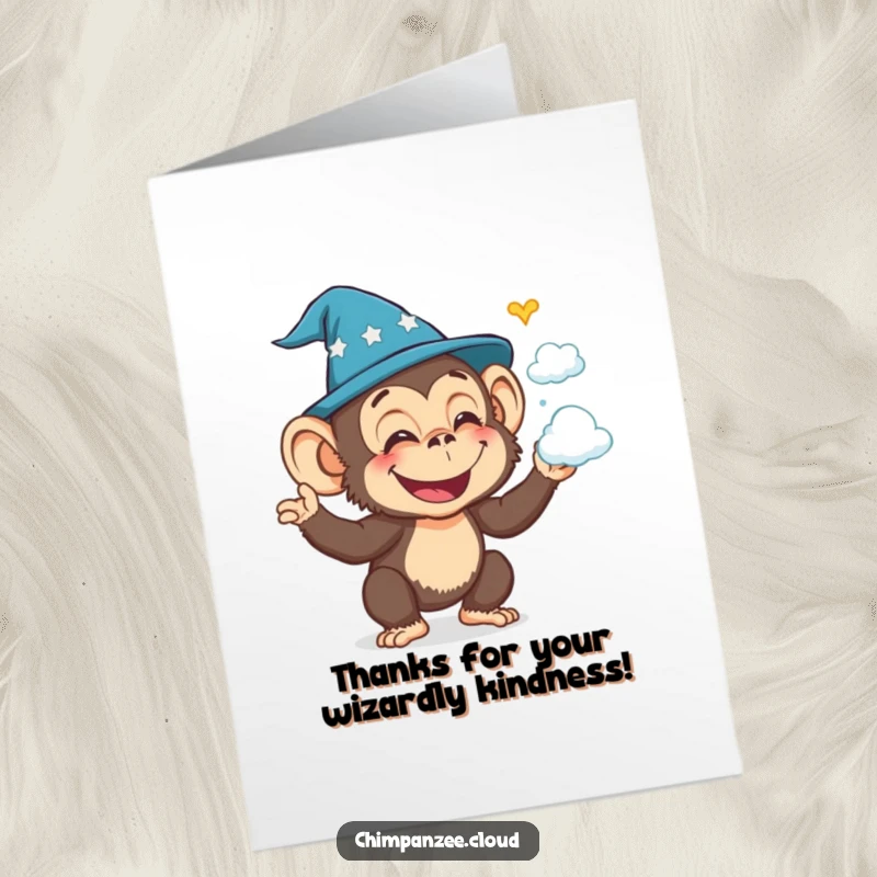 Funny Free Printable Thank You Card: Joyful chimp wizard conjures cloud shapes, sending magical thanks.