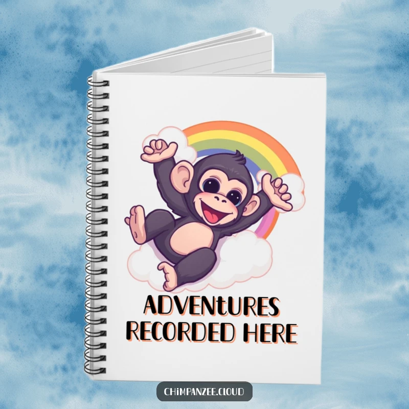 Funny chimp sliding down a cloud rainbow, holding an open notebook, ready to record fun adventures.