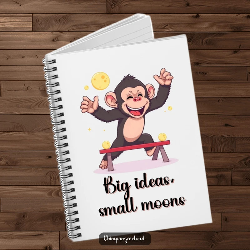 Funny chimpanzee notebook, playing leapfrog with moons, whimsical space journal, creative writing accessory.