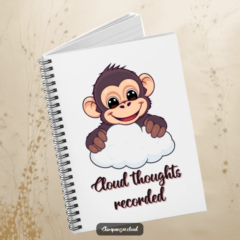 Funny chimpanzee notebook, cheeky character peeking over a cloud with a playful grin, perfect for humorous note-taking.