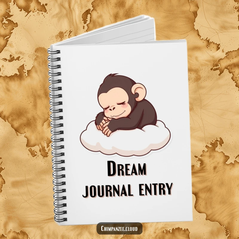 Funny sleeping chimp notebook with a peaceful chimpanzee curled up on a cloud, ideal funny gift.