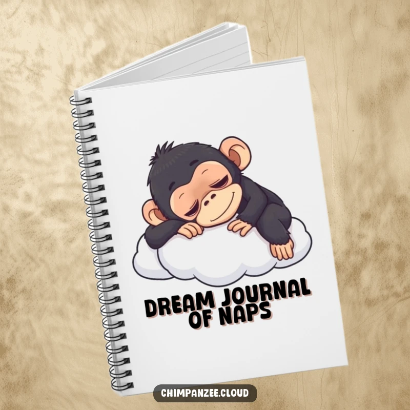 Funny chimpanzee napping on a cloud, a humorous notebook cover for jotting down notes with a smile.
