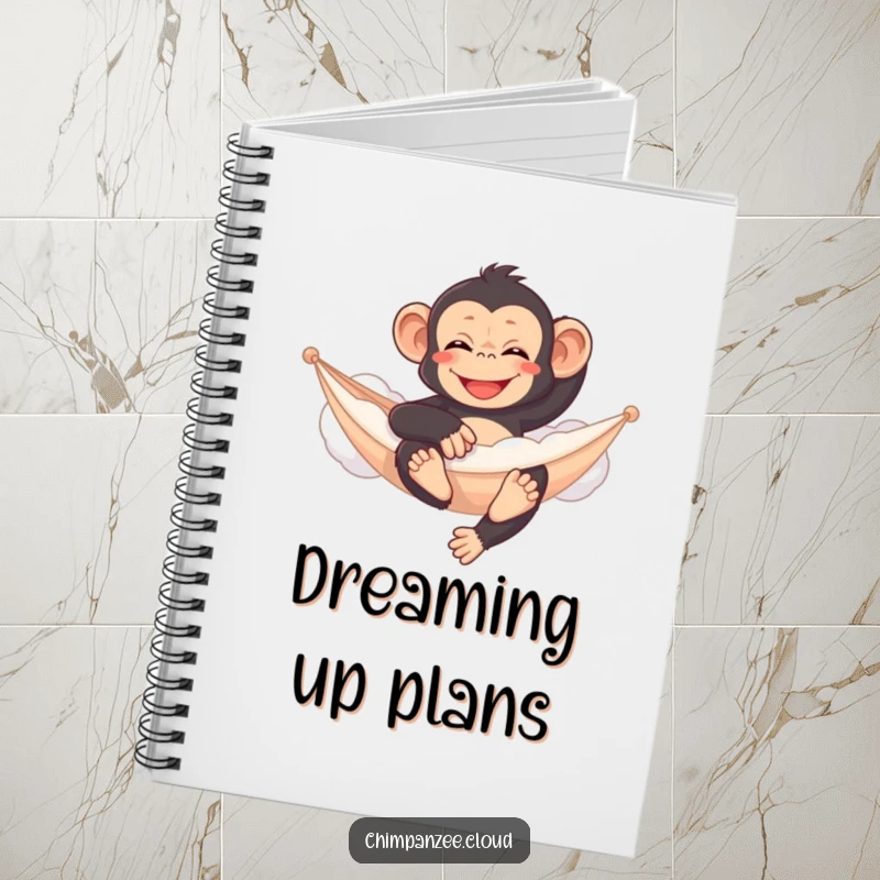 Funny chimpanzee notebook, relaxing on a cloud hammock, serene space journal, peaceful writing accessory.