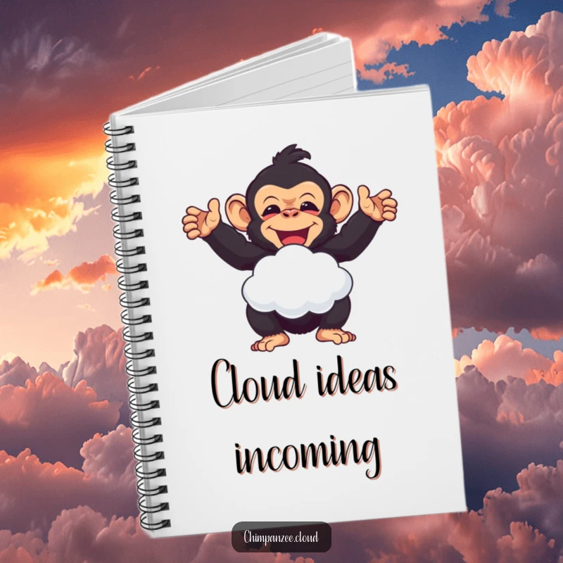 Funny delighted chimpanzee offering a cloud puff, a charming humorous notebook for joyful entries, a funny gift.