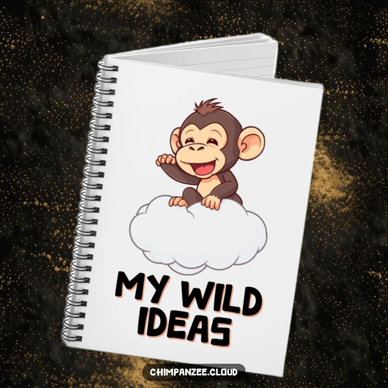 Funny chimpanzee attempting to ride a fluffy cloud, open notebook with blank pages, humorous journaling.