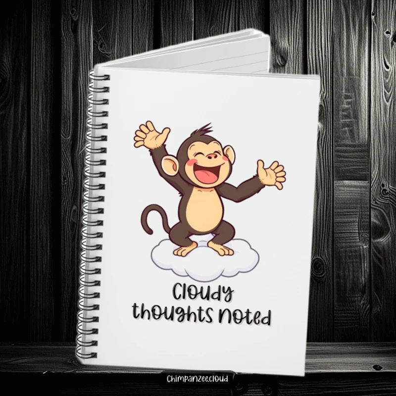 Funny notebook featuring a joyful chimpanzee dancing on a cloud, perfect for writing and creative ideas.
