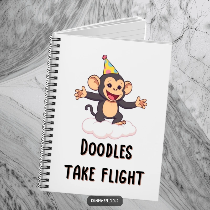 Funny Chimp Party Journal Notebook: A cheerful chimpanzee dances on a cloud, perfect for jotting down party ideas.