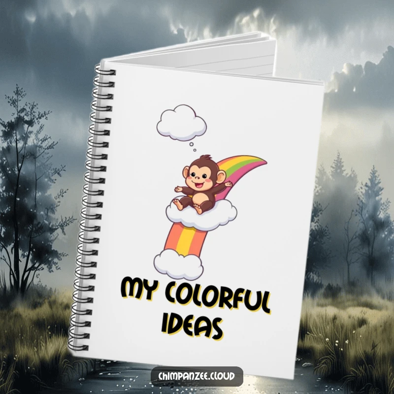 Funny Notebook: Playful chimpanzee slides down a rainbow, representing creative journeys and joyful ideas.