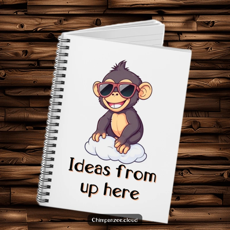 Funny chimp in sunglasses, chilling on a cloud, holding an open notebook, ready to capture funny thoughts.