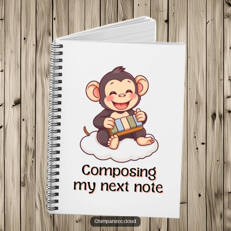 Funny chimpanzee notebook playing xylophone on a cloud, a humorous stationery item for jotting down ideas with musical flair.
