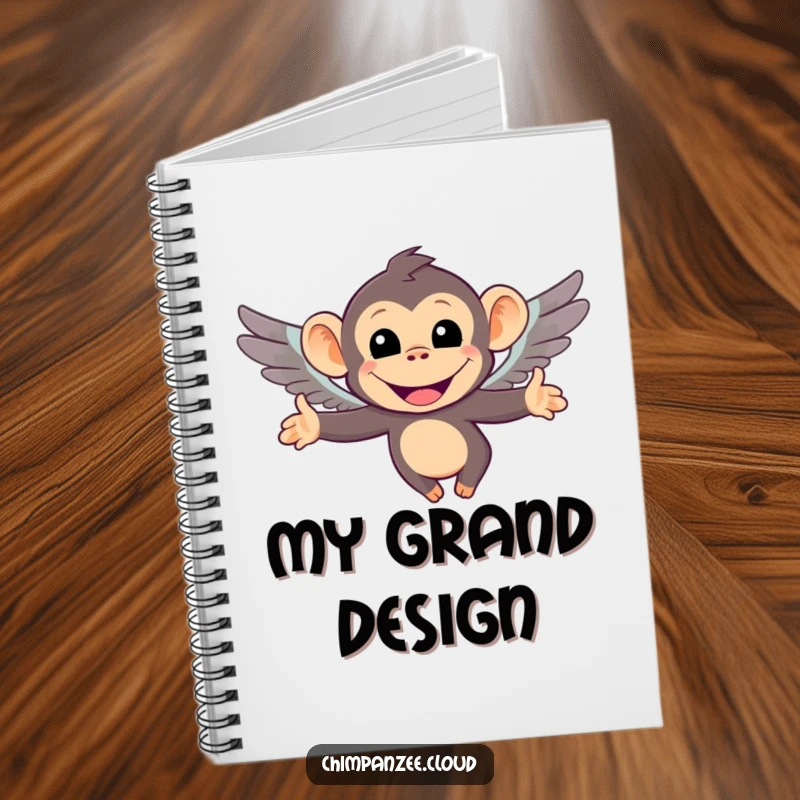 Funny notebook cover featuring a smiling chimpanzee character flying with adorable tiny wings. Ideal for journaling and sketching humorous ideas.