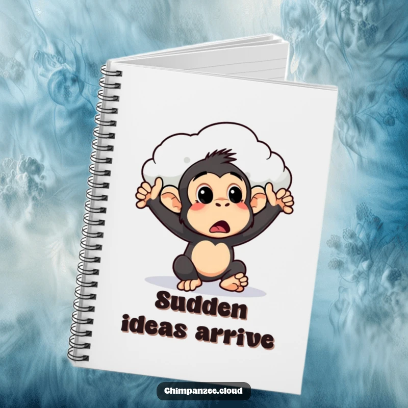 Funny surprised chimpanzee notebook being pushed by a cloud, a humorous stationery item for jotting down ideas with a playful theme.