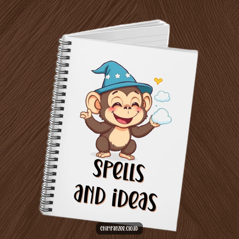 Funny chimpanzee wizard conjuring cloud shapes, perfect for writing magical notes and spells.