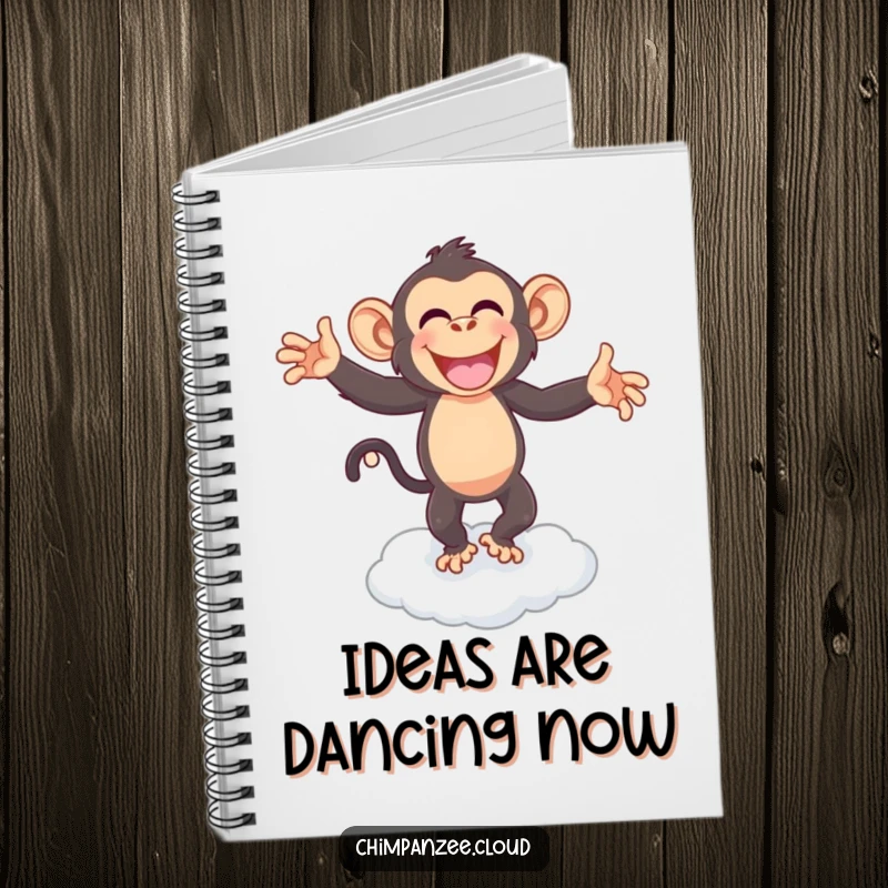Funny chimpanzee dancing on a cloud, a humorous notebook cover for capturing inspired thoughts with energy.