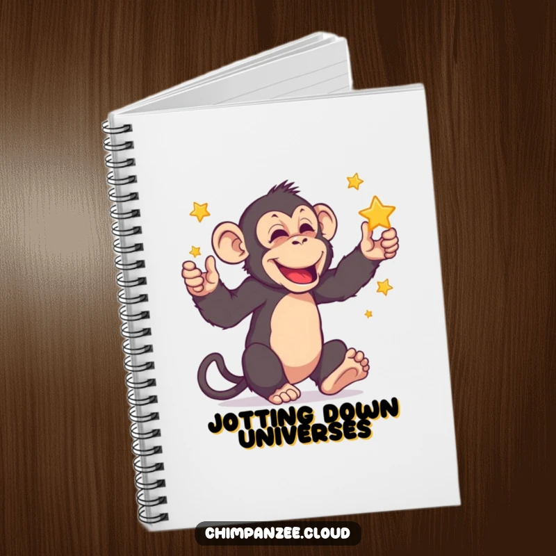 Funny chimpanzee juggling miniature stars on a notebook cover, encouraging users to fill it with creative and humorous thoughts.