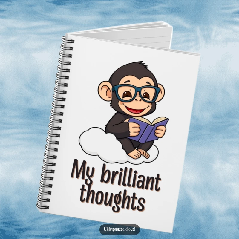 Funny notebook featuring a happy chimpanzee wearing glasses, reading a book on a cloud, ready for notes.