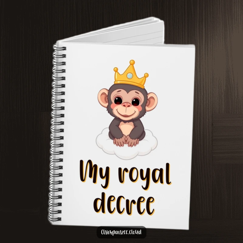 Funny notebook cover featuring a crowned chimpanzee floating on a cloud, perfect for jotting down royal ideas.