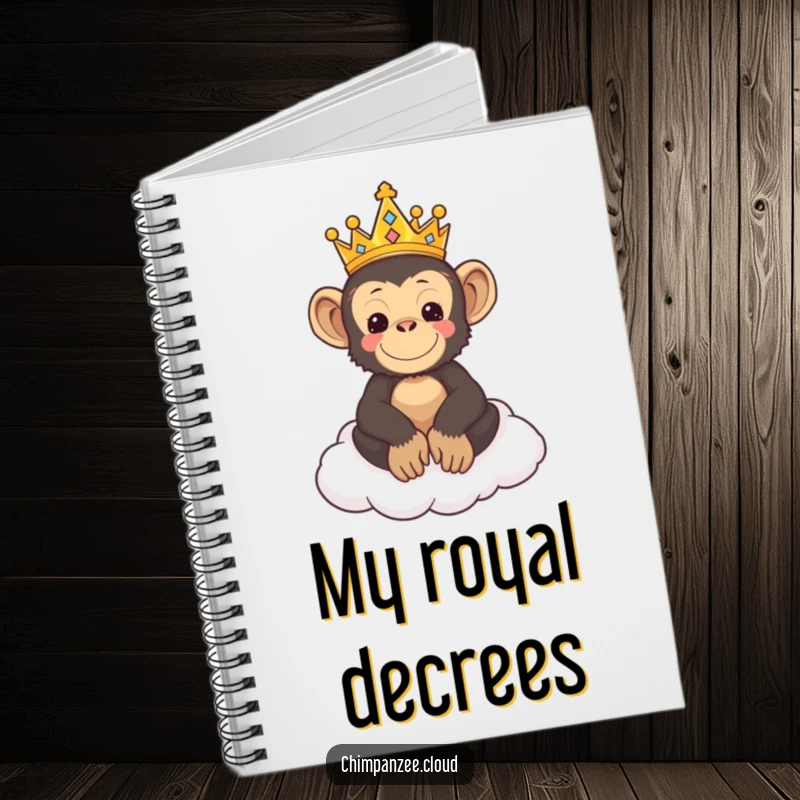 Funny notebook with a cute chimpanzee king wearing a crown, sitting on a cloud throne, ready to take notes.