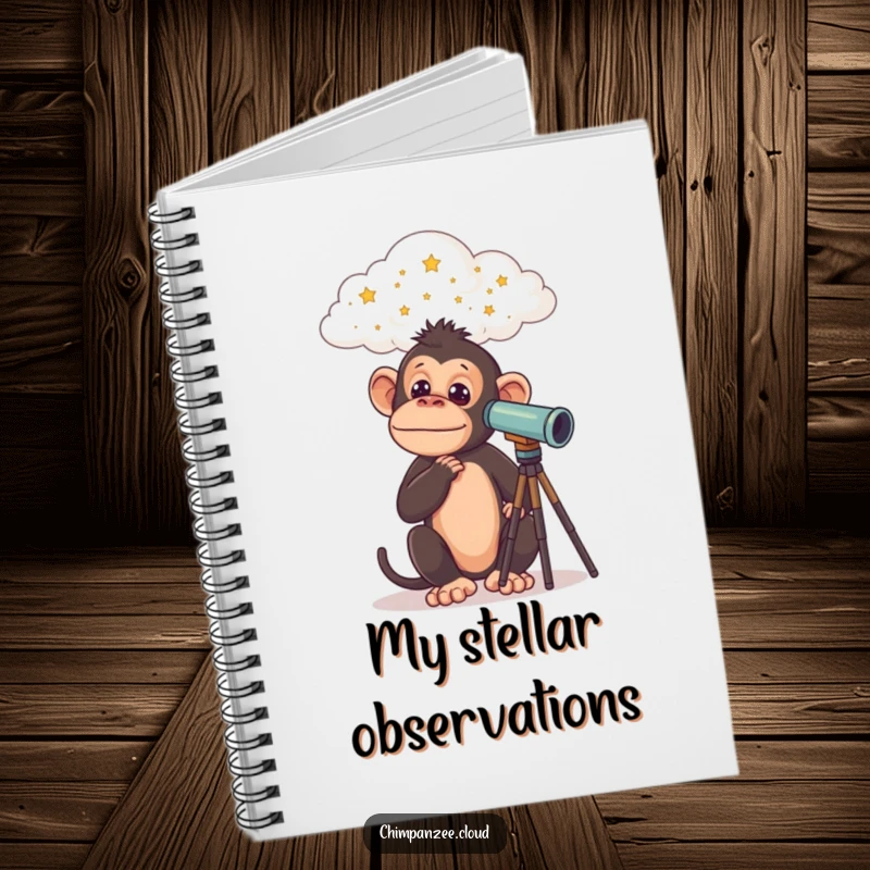 Funny Chimp Notebook: Curious chimpanzee with telescope on a cloud, gazing at stars, inspiring notes and creativity, a funny gift.