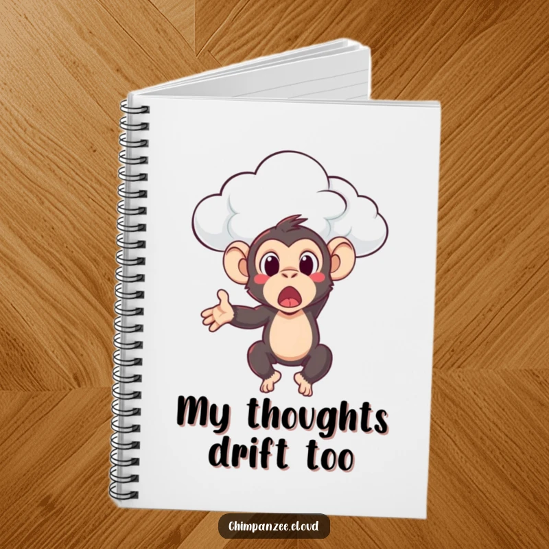 Funny chimpanzee character surprised by a cloud toss, featured on a notebook cover to inspire humorous notes and ideas.