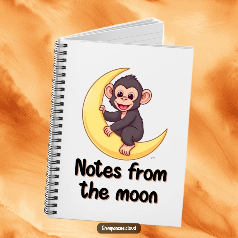 Funny chimp notebook with a cute chimpanzee character riding a crescent moon.
